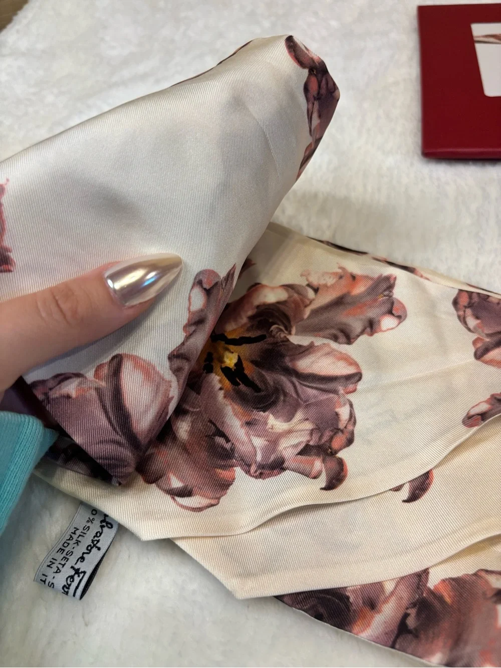 Salvatore Ferragamo Cream Silk Scarf with Pink and Brown Floral Print